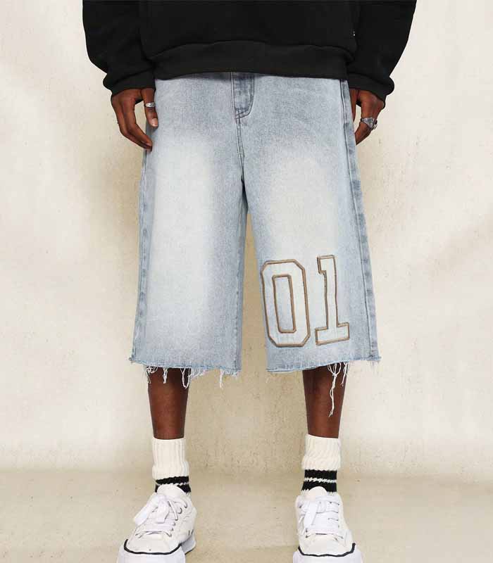 Raw Edge Denim Jort With Number Applique Design