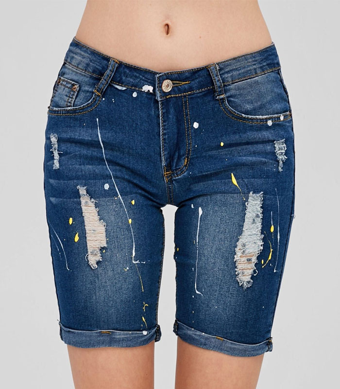 Women's Dark Blue Splatter-Print Distressed Denim Shorts