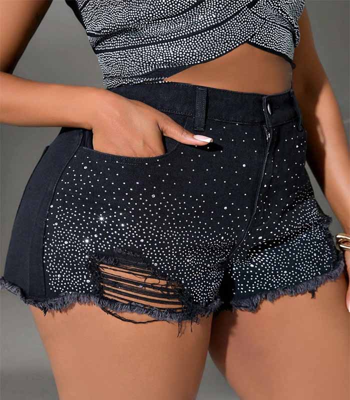 Black Plus Size Denim Shorts Sexy Ripped Super Shorts Black Shine Party Queen Hot Pants Airport Outfit