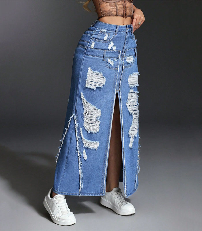 Oversized distressed denim skirt with high slits 