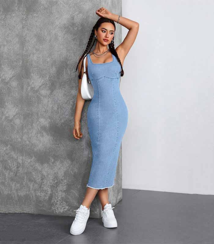 Square Neck Open Shoulder Fitted High-Stretch Midi Denim Dress For Party