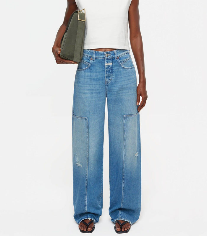 Women's Mid-blue Washed Slightly Distressed Straight Leg Jeans