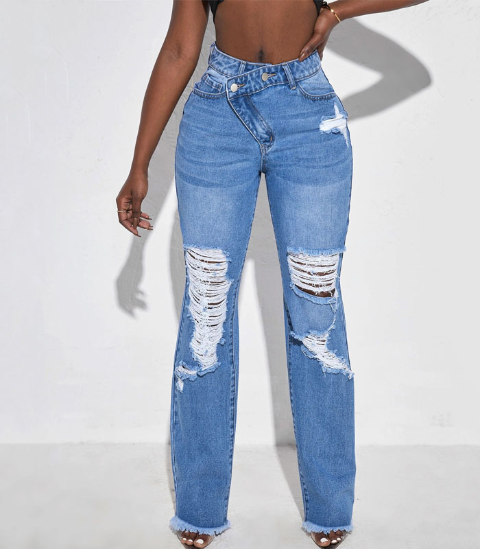 Asymmetrical Waist Ripped Raw Cut Jeans