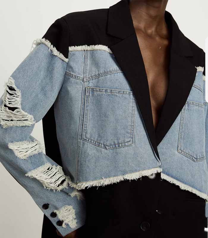 Custom Women’s Denim Jacket with Patchwork & Blazer Collar