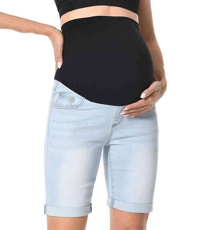 Maternity Denim Shorts Over The Belly Rolled Cuff Midrise Bermuda Short Pregnancy Jean Shorts