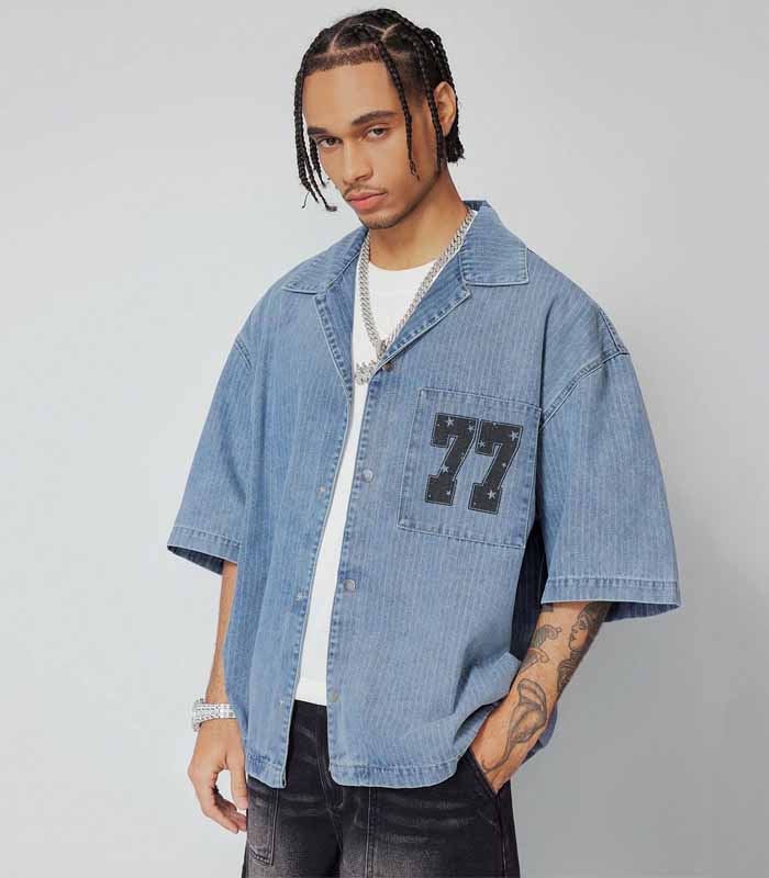 Men's Front Button Short Sleeve Pocket Digital Print Denim Top
