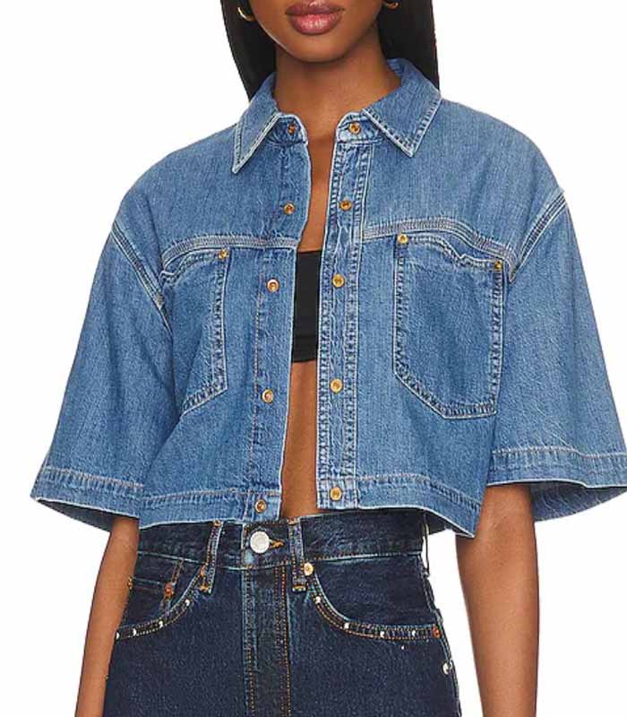 Denim Crop Top with Mid-Sleeves 