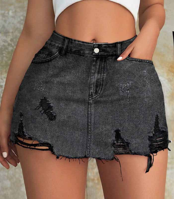 Sexy black ripped raw-hem denim mini skirt