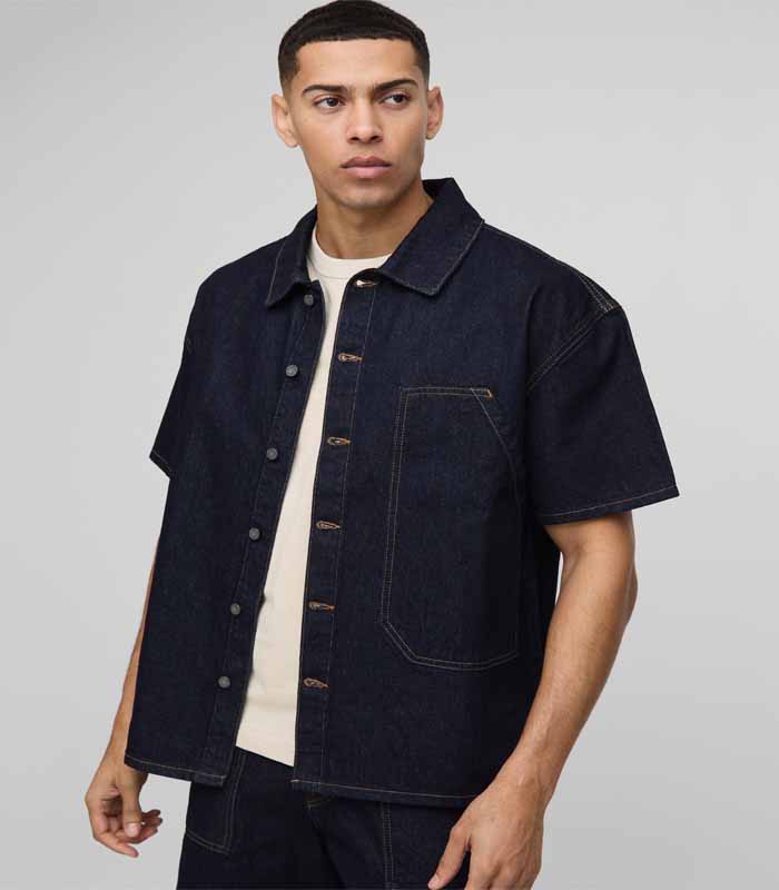 Mens Blue Oversized Carpenter Pocket Indigo Denim Shirt
