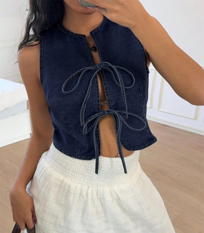 Natural wash denim tank top with center lace-up