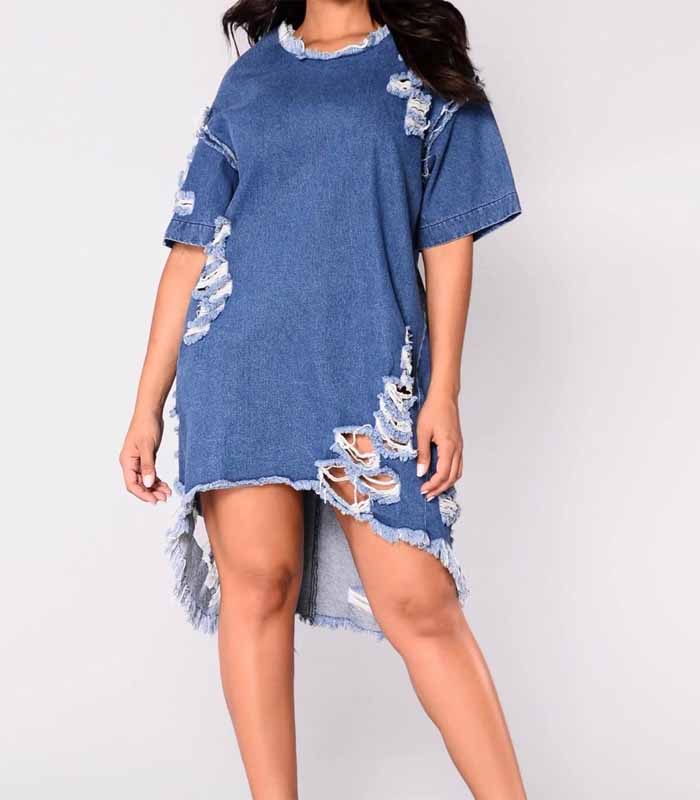 Oversized ripped crew-neck jean dress