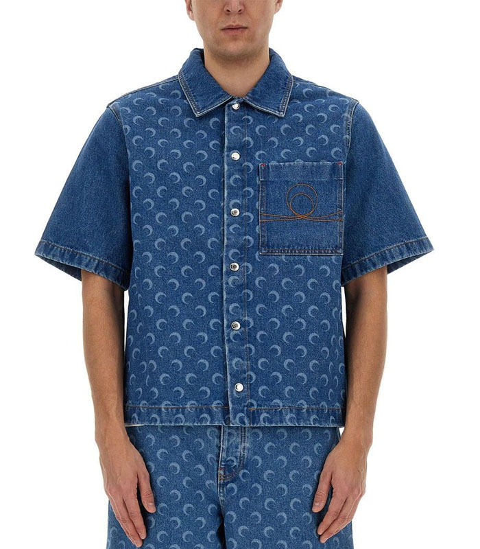 Stylish Men's All-Over Print Denim Shirt – Breathable Cotton, Short Sleeve