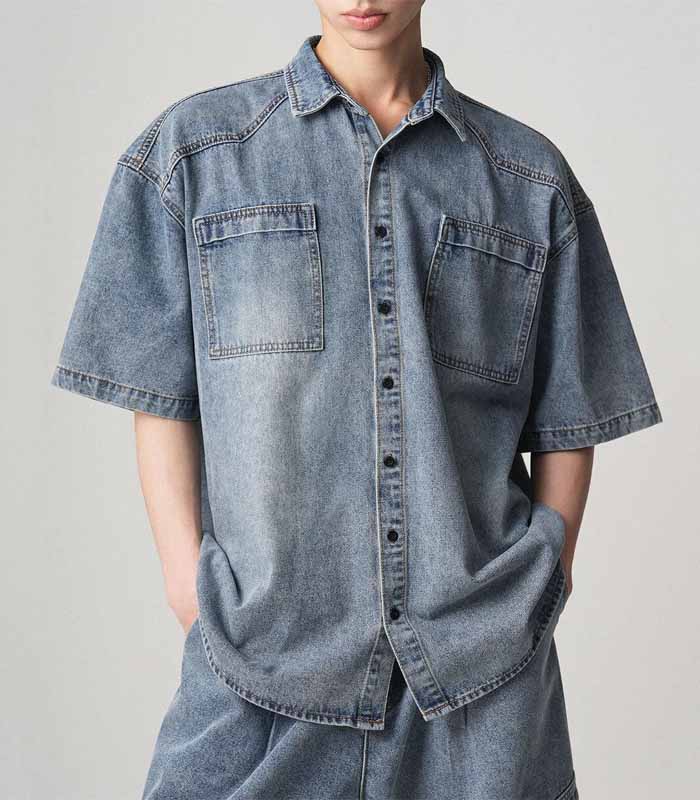 Men's Acid Wash Short Sleeve Denim Shirt