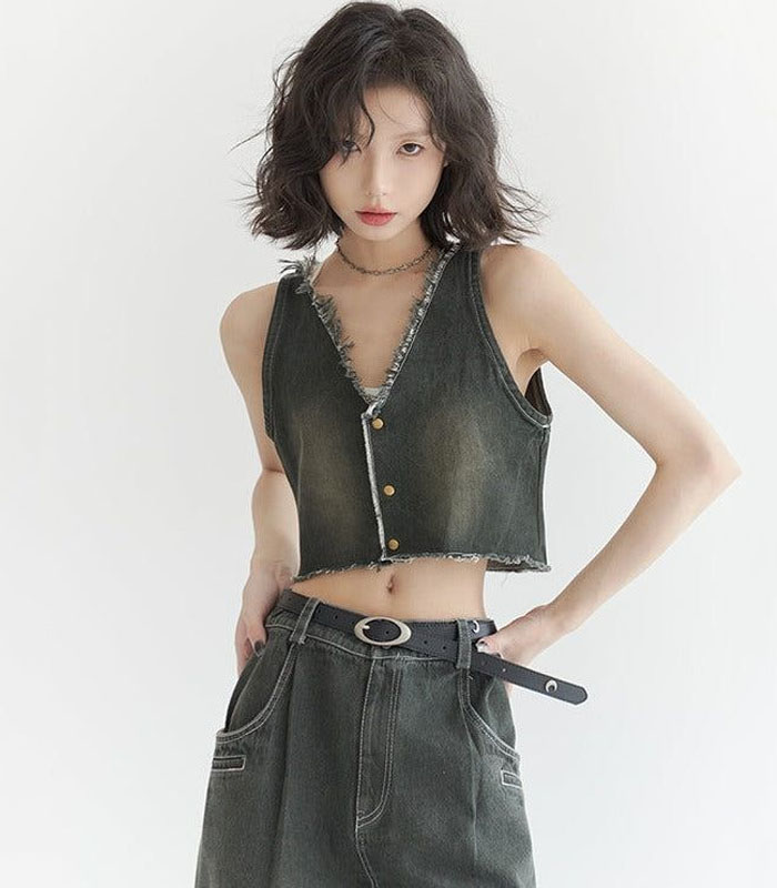 Women's Black Distressed Denim Crop Tank Top – Raw Hem Sleeveless Summer Vest