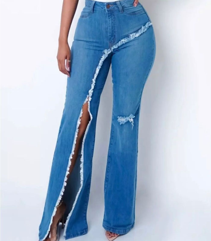 Stretch Denim Jeans With Right Leg, Split And Slight Rips On Back Side