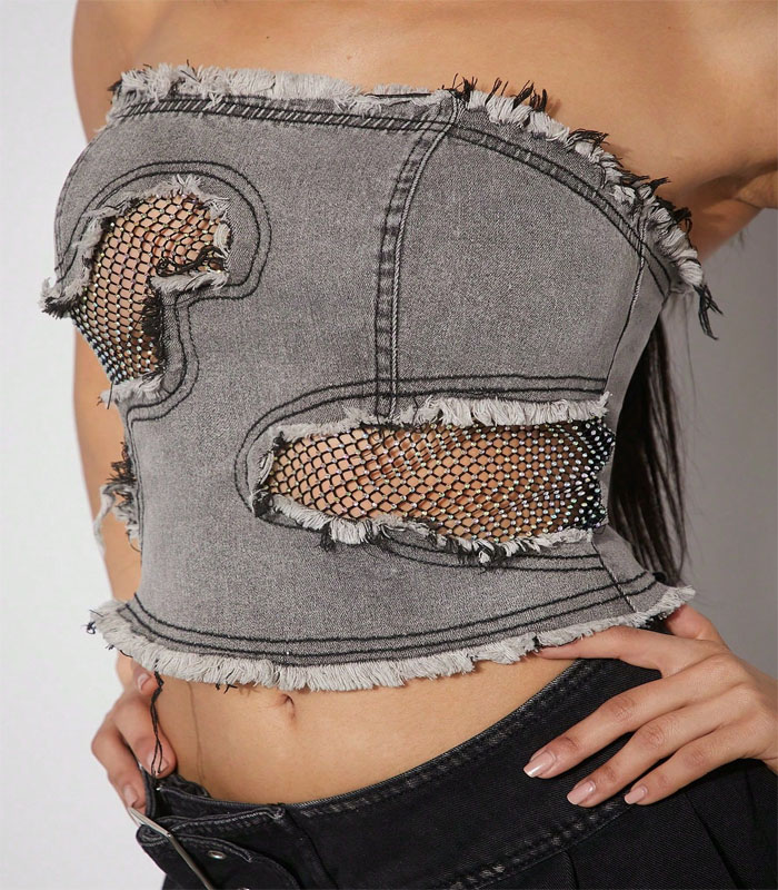 Fishnet Panel Tube Frayed Denim Top