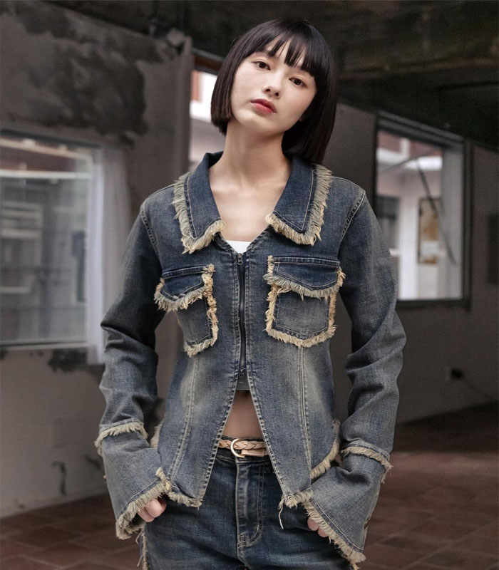 women's a vintage denim zip-up jacket