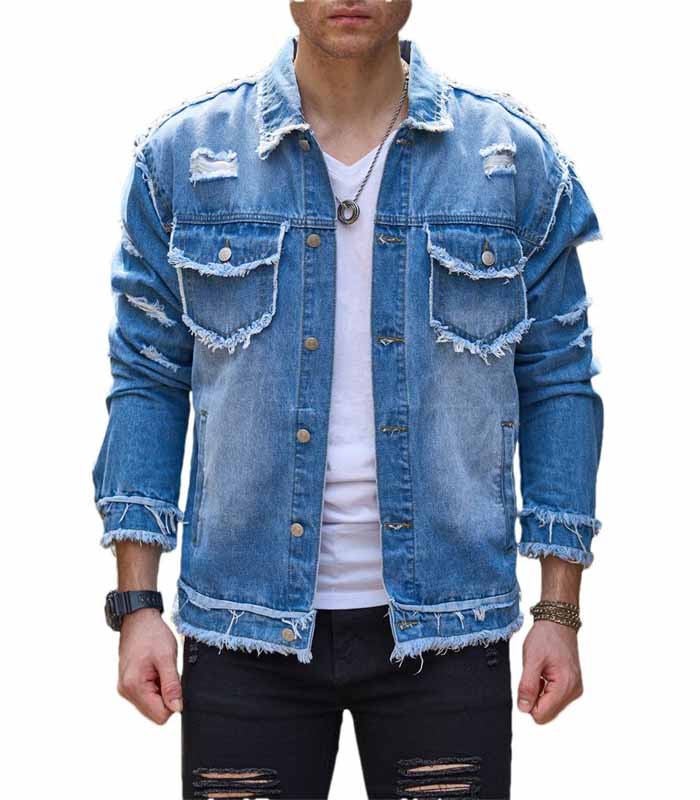 Street Stylish Holes Design Slim Men Denim Jacket Coat High Quality Male Distressed Casual Denim