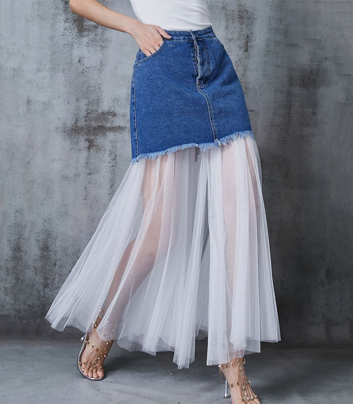 Women’s Lace-Paneled Denim Maxi Skirt – Ethereal Fairycore Style