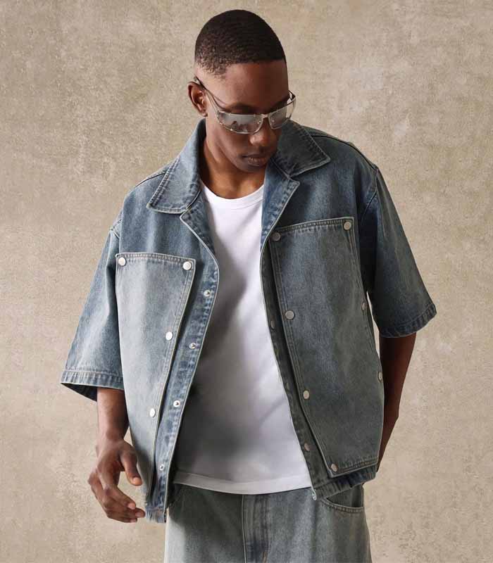 Oversized Carpenter Short Sleeve Denim Shirt Designer Jacket With Metal Snap Buttons Streetwear Workwear Fashion Urban Casual Spring Summer