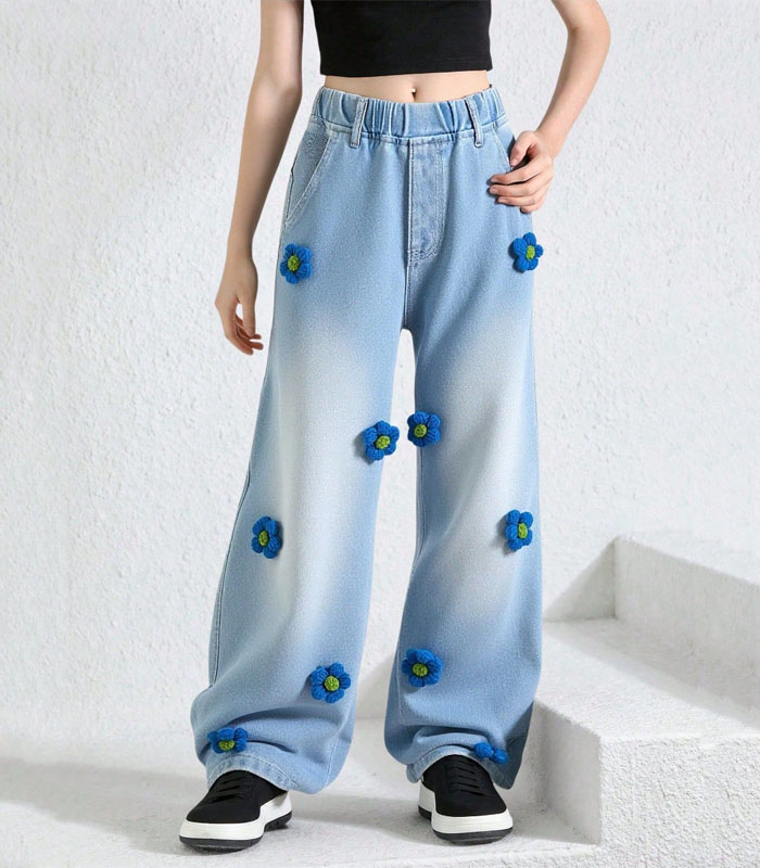 Tween Girls' Casual Street Style Vintage Cute 3D Crochet Floral Light Blue Washed Wide Leg Jeans, Elastic Waistband, Front Curved Pockets & Back Patch Pockets