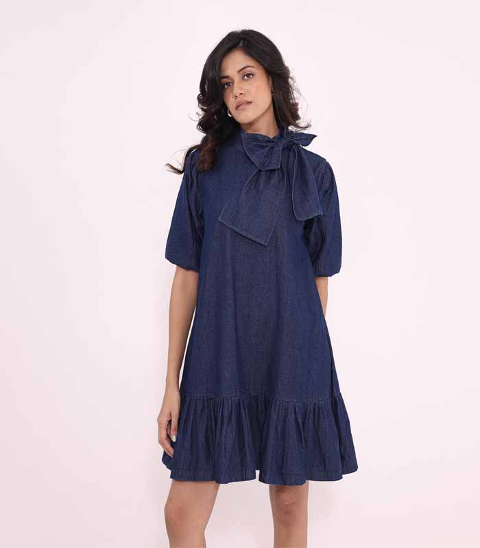 Denim Short Bow Dress Summer Wear Short Dress for Women Sundress Pattern Short Dress With Pockets Pattern Street Style Dress