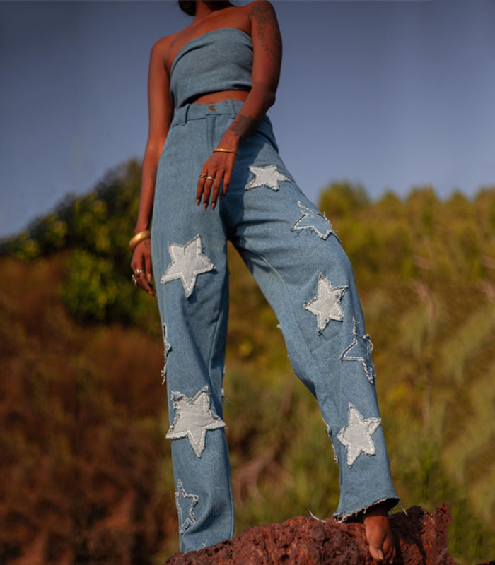 High Waisted Denim Jeans Upcycled denim star patches