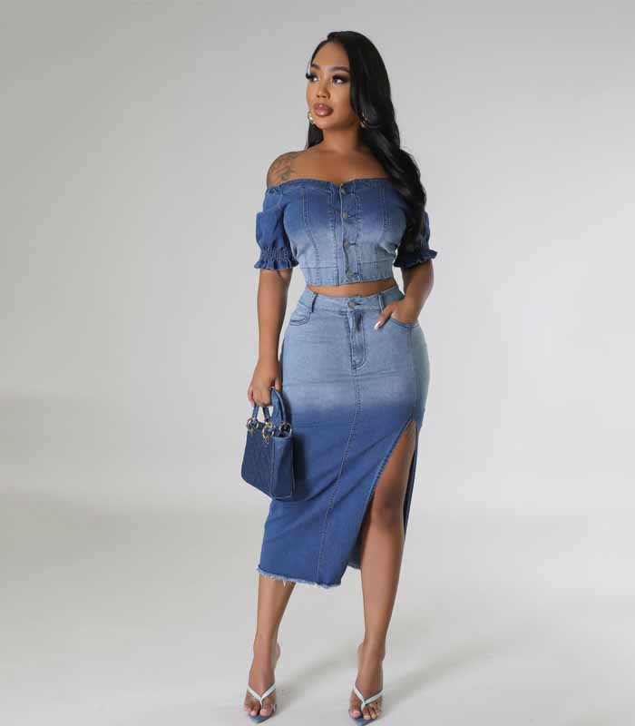 Elegant Blue Denim Skirt Outfit sets