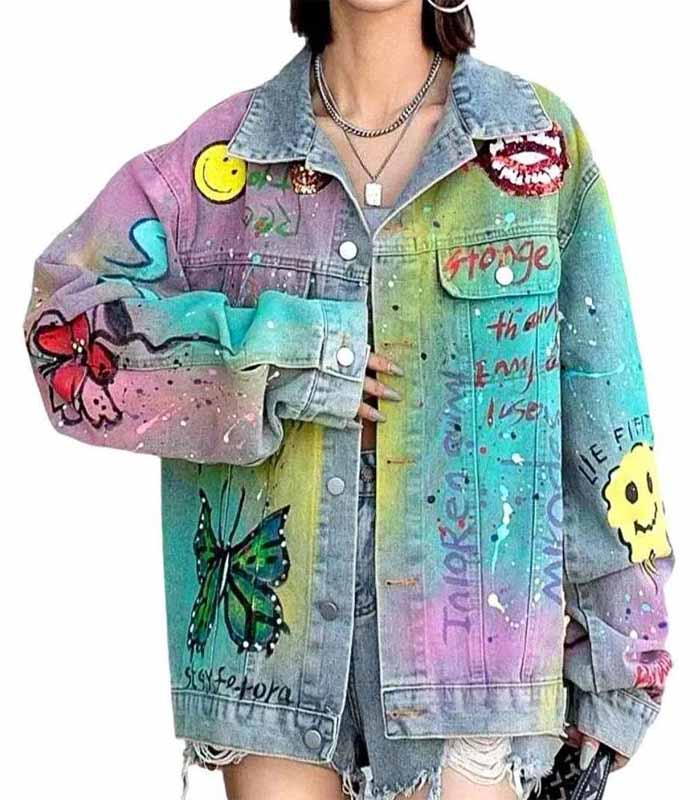 Neon stains painted denim jacket - Light Blue