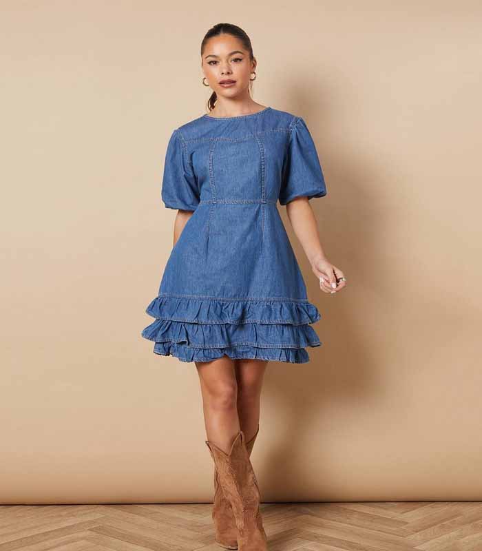 Womens Short Puff Sleeve Detail Mini Dress - mid wash