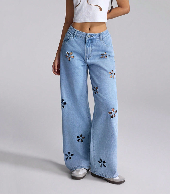 Light Wash Straight Jeans with All-Over Laser-Cut Floral Embroidery