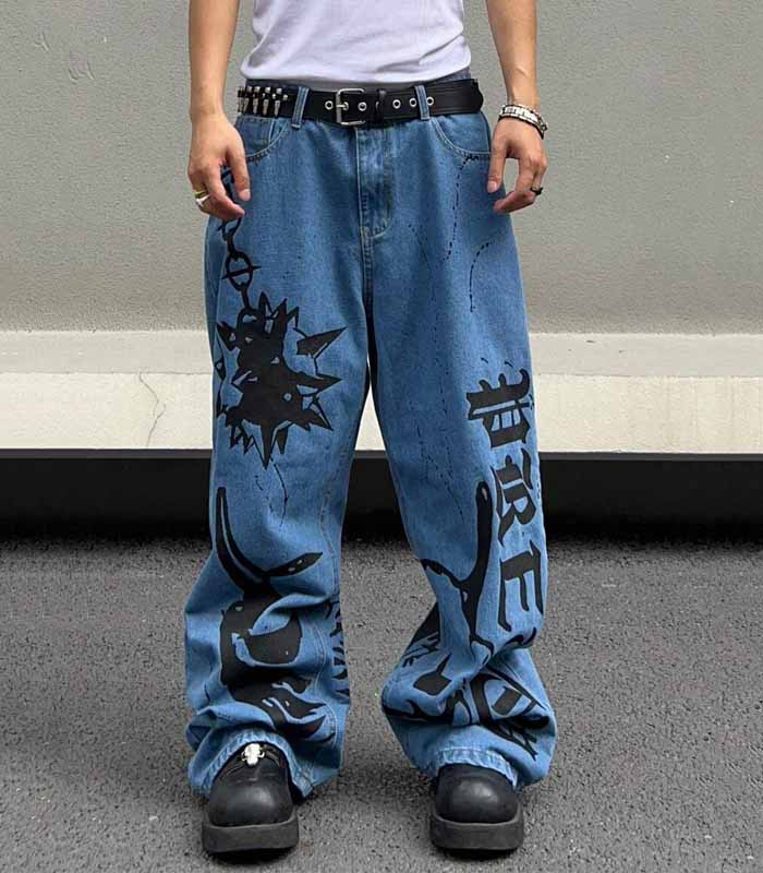Men Letter Graphic Wide Leg Jeans Plain Wide Jeans,
