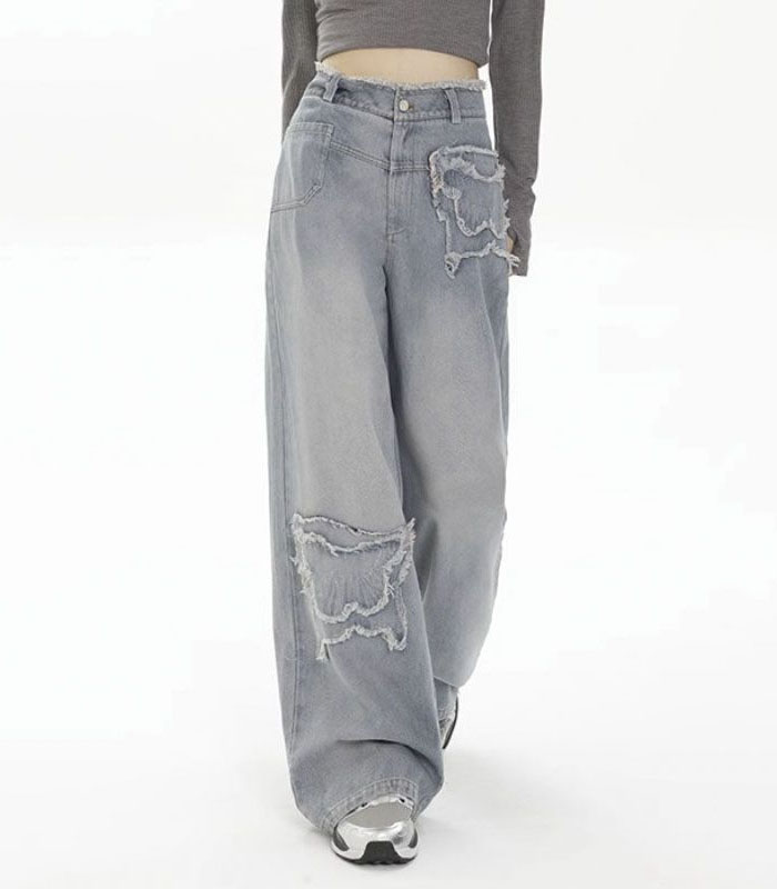 BeingobjectsRetro Fashion Wide-leg Jeans Women's Autumn High-waisted Fashion Design Sense Pants Chic Embellished Denim Trousers