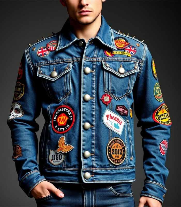 Handmade Denim Jacket with Metal Spikes, Colorful Patch Logos & Studs - Custom Punk Rock Streetwear for Men, Distressed Front