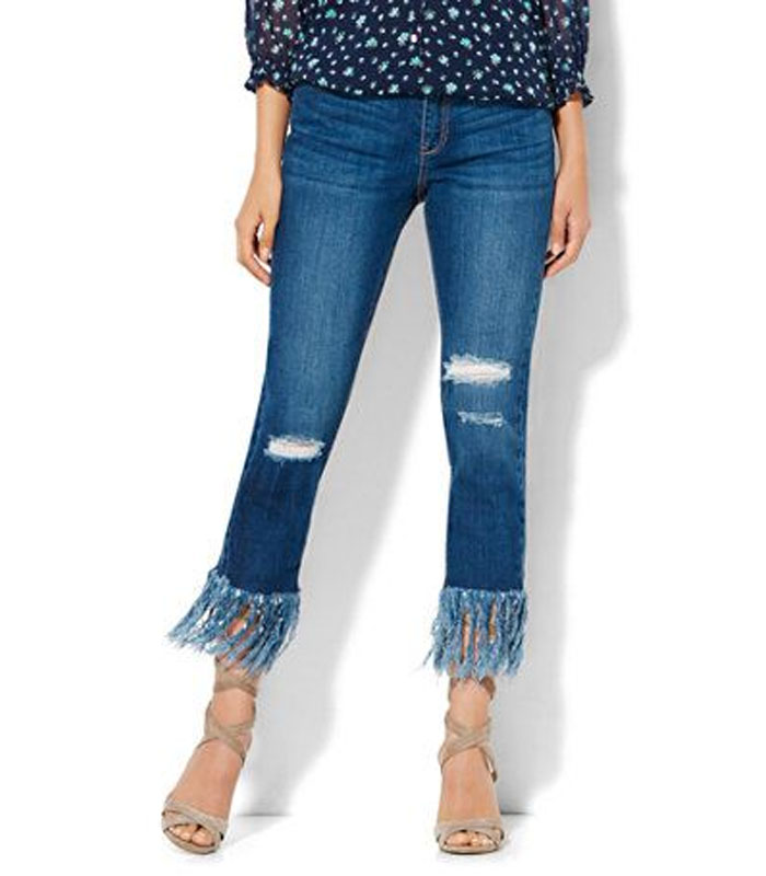 Destroyed Hem Slim-Fit Denim Capri Pants in Vintage Indigo
