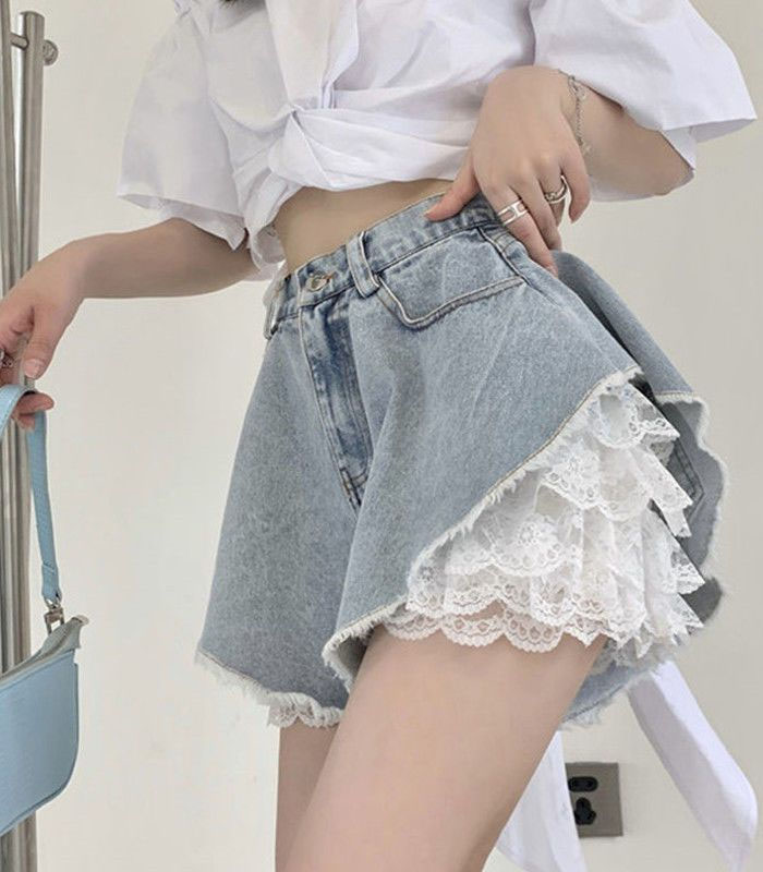 New Women Denim Shorts Girls Sexy Lace Ruffles High Waist Loose Tassel Jeans Summer Cool Female