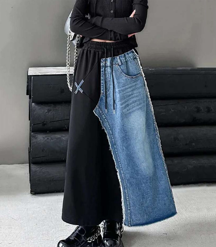 High Elastic Waist Black Denim Color-block Burr A-line Half-body Skirt Women Fashion Tide New