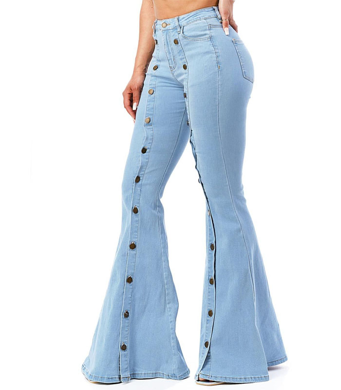 Button-front light wash denim high-waisted flared jeans