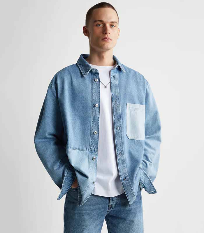Men's Patchwork Denim Shirt with Long Sleeves