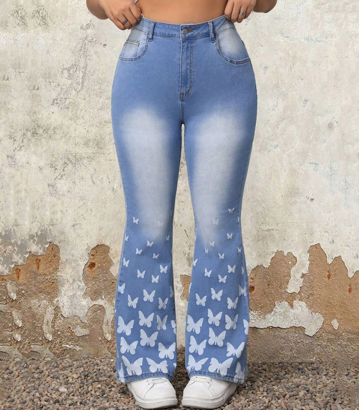 Plus Size Women Fashionable Fitted Butterfly Design Flared Jeans