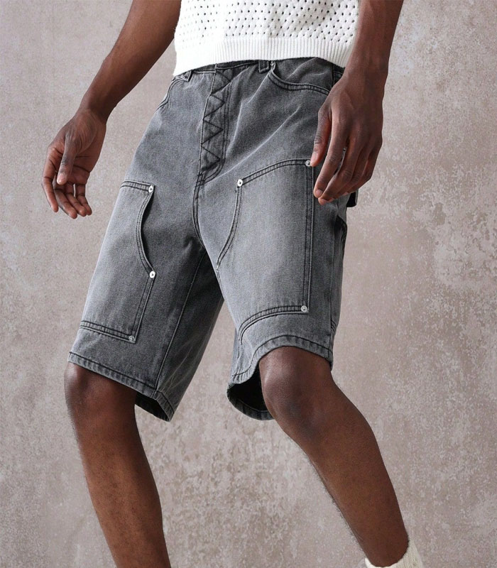 Designer Carpenter Denim Shorts Retro Utility Style Multi-Pocket Summer Distressed Labor Worker Construction Skateboarding Thigh-Length Casual Oversized