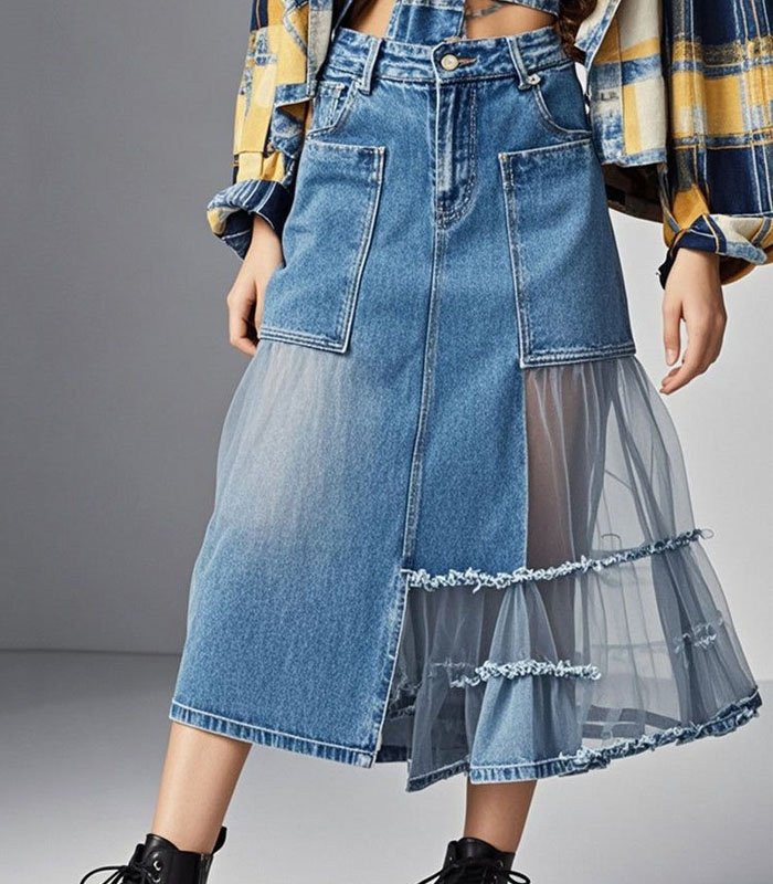 Stylish Blue Asymmetrical Tulle Patchwork Pockets Denim Skirts Spring