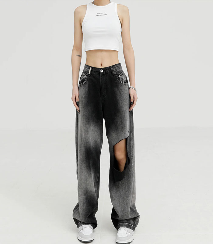Women Black Ripped Jeans Vintage Washed Wide Leg Pants Straight High Waist Baggy Casual Fashion Denim Trouser Ladies Summer