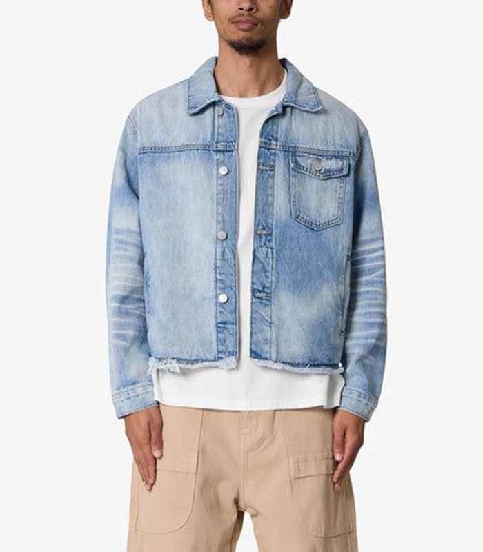 Men's Light Washed Spray-Dyed Hem-Distressed Denim Jacket