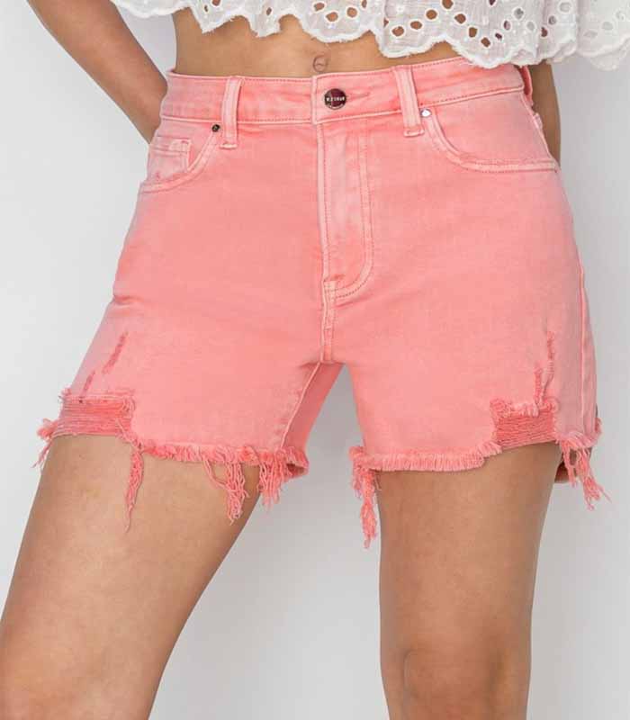 Trendy pink ripped denim shorts for women