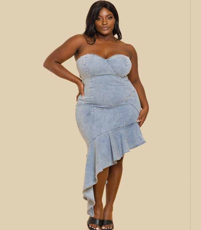PLUS strapless denim diagonal hem dress