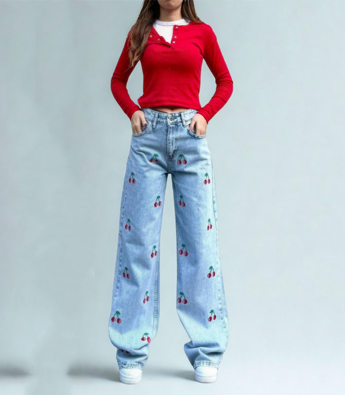 baggy brodé cerises pour femme Pantalons en jean bleu vintage bow jeans