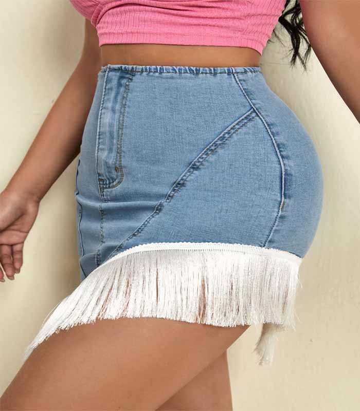 Fringe Trim Asymmetrical Hem Denim Skirt