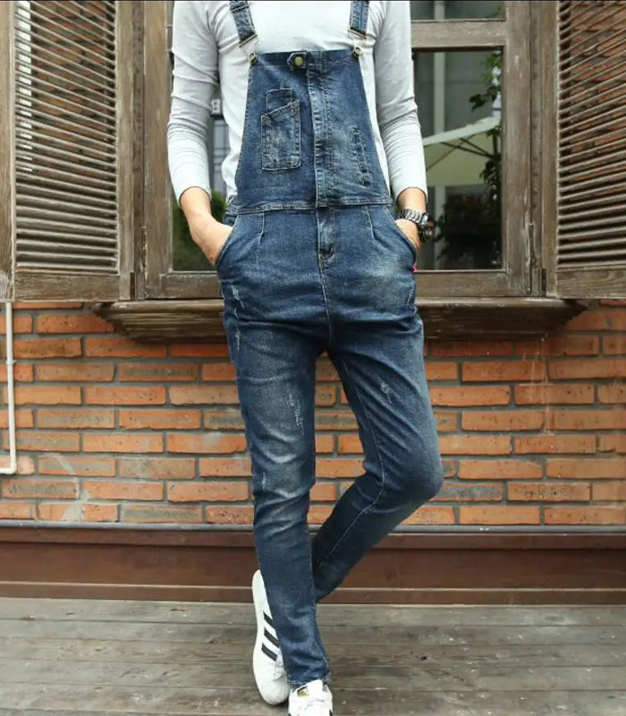 Custom Fashion Bib Denim Overalls For Men New Long Solid Blue Slim