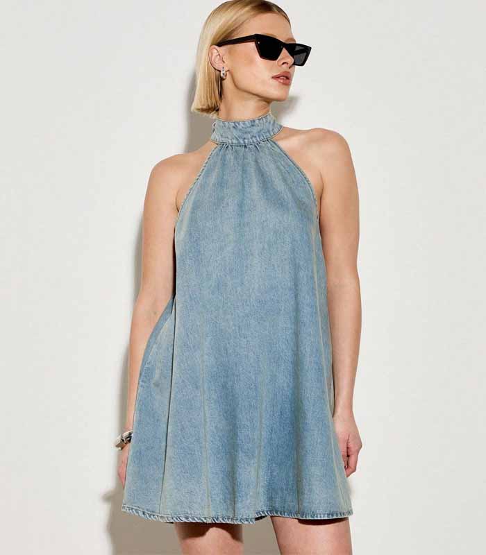 Halter Neck Sleeveless A-Line Denim Dress Vintage Wash Summer Mini Party Casual Street Style Fashion Statement Piece
